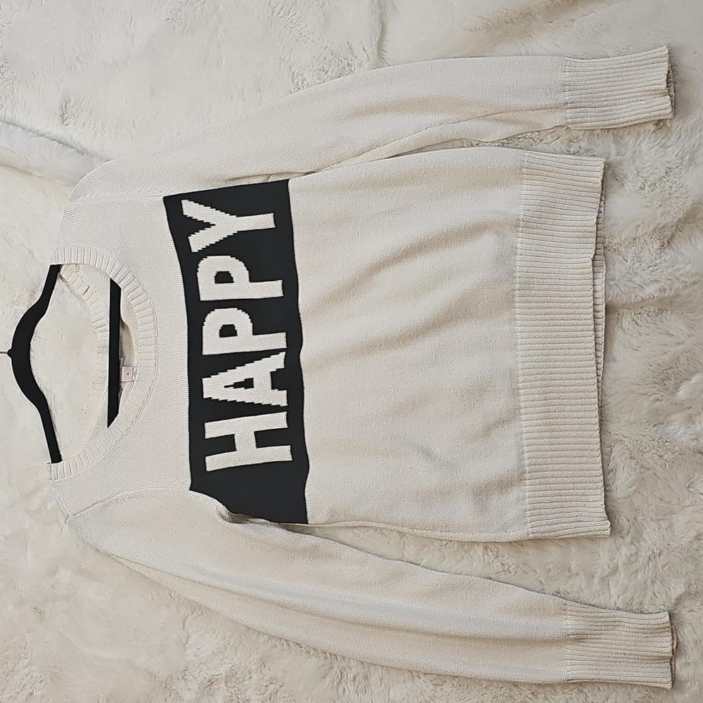 Women's White and Black 'Happy' Crewneck Sweater